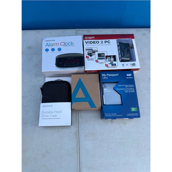 Assorted electronics storage alarm clock, etc.