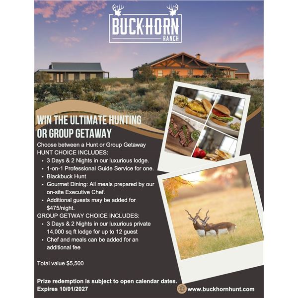 3 Day / 2 Night Choice Blackbuck Hunt or Group Getaway for 12