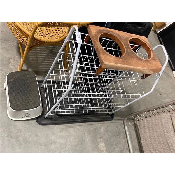 SHOE RACK, SHOE MATS, DOG WATER AND FOOD STAND, AND SMALL STEP STOOL