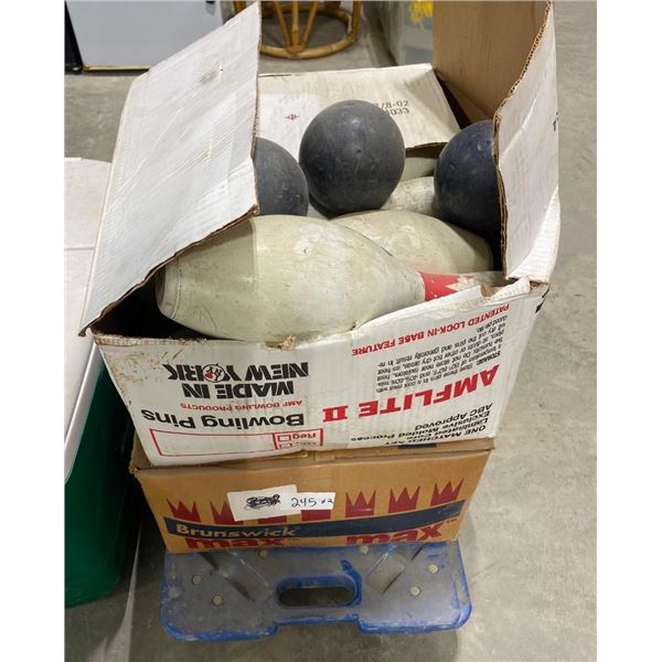 2 BOXES OF BOWLING PINS AND BALLS