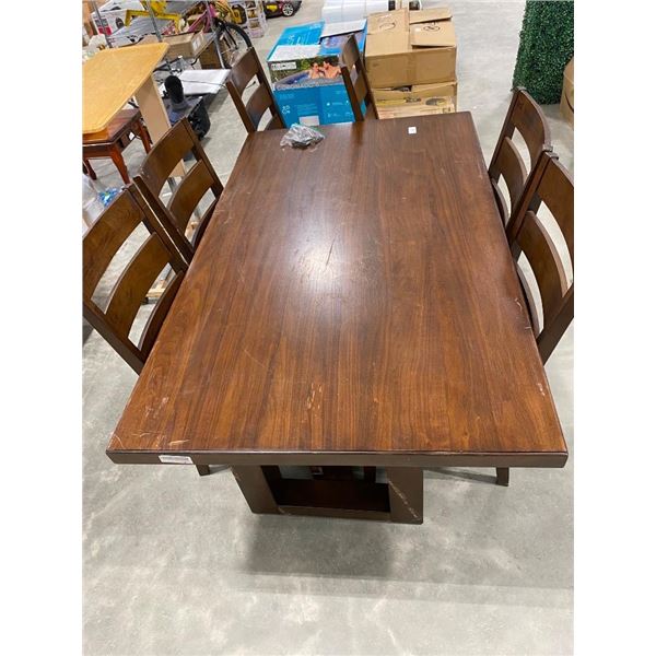 68X40IN TABLE WITH 6 CHAIRS - COUPLE OF CHAIR CUSHIONS ARE RIPPED AND SOME SCRATCHES ON TABLE TOP