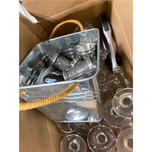 BOX OF GLASS CUPS AND SHOT GLASSES