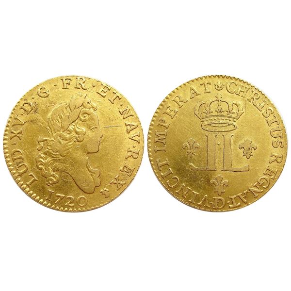 1720-D [Lyon Mint] John Law Gold Louis D’or aux 2L, Gadoury 337.