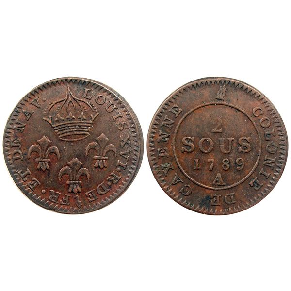 1789-A Cayenne Two Sous.  Vlack 393 type, but an UNLISTED PIEDFORT STRIKE.  Rarity-8 as such.