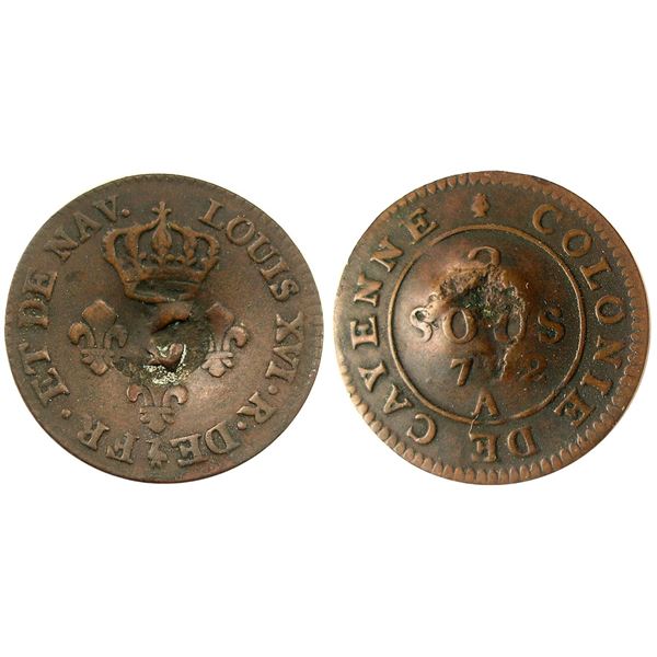 (1795-1811) Montserrat countermark.  Vlack 405 type, but UNLISTED over a 1782 Cayenne Two Sous.  Rar