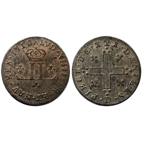 1710-D [Lyon Mint] Billon 30 Deniers.  Vlack 2, Gadoury 102.