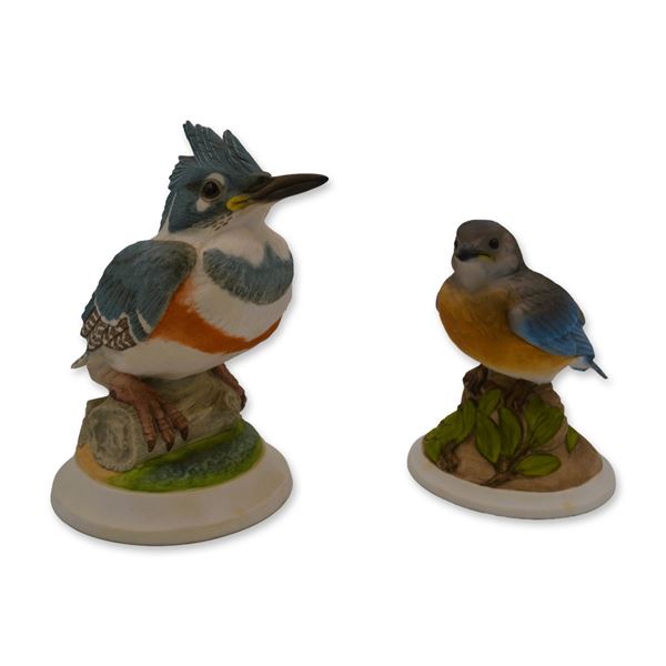 2Pc Bohem Porcelain Baby Blue Bird and Fledgling Kingfisher Bird Sculptures, 1958/1960