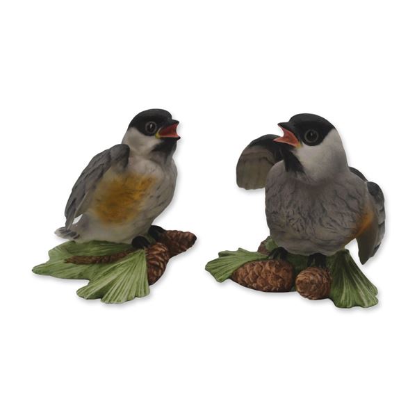 Boehm Porcelain Baby Black Capped Chickadees, Pair, 1962