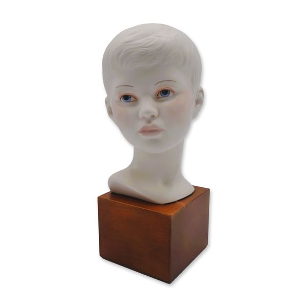 Cybis Porcelain Head of Young Boy Sculpture On Wood Plinth, 1968