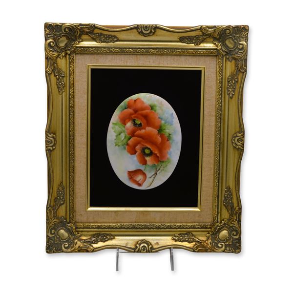 B. Griffiths Original Painting on Porcelain, The Red Poppies, Signed, Gold Leaf Frame, Museum Qualit