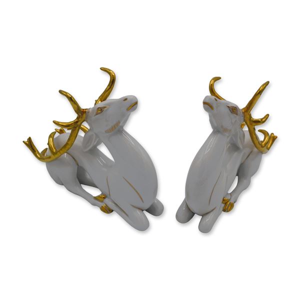 Herend Porcelain Sculptures White Christmas Deer, Seated, One Pair