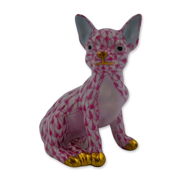 Herend Porcelain Figurine Chihuahua Dog, Raspberry Fishnet W/24kt Gold Applied
