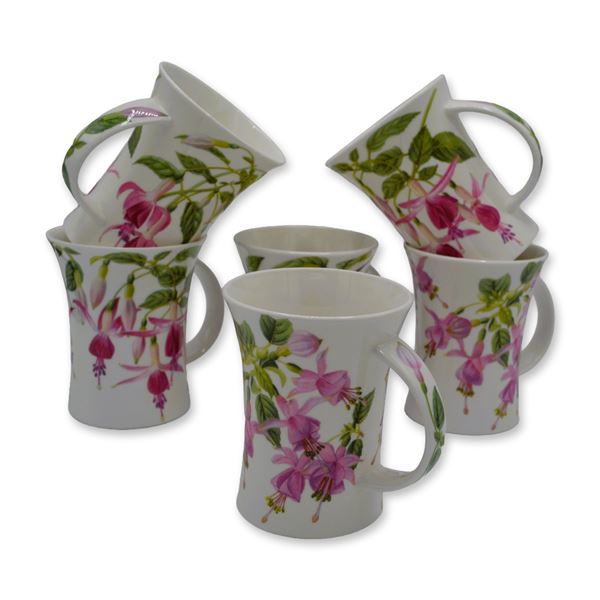 6Pc Fuchsias By Kathy Pickles For Dunoon Fine Bone China Floral Mugs, 1990