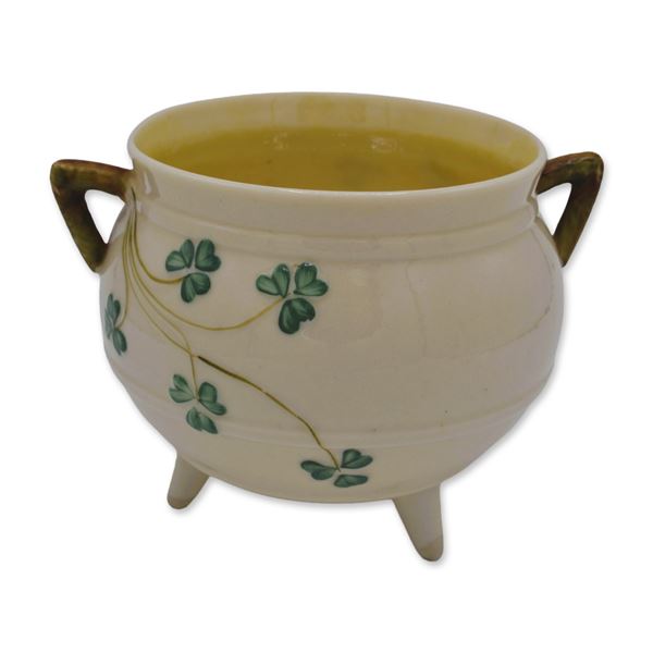 Belleek Porcelain Three-Footed Irish Pot Sugar Bowl, Black Mark