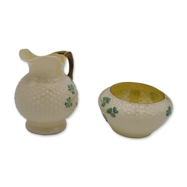 Belleek Porcelain Sugar and Creamer Set W/Shamrocks, Black Mark