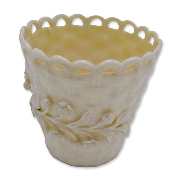 Belleek Porcelain Basket Weave Spill Vase With Florals, Black Mark