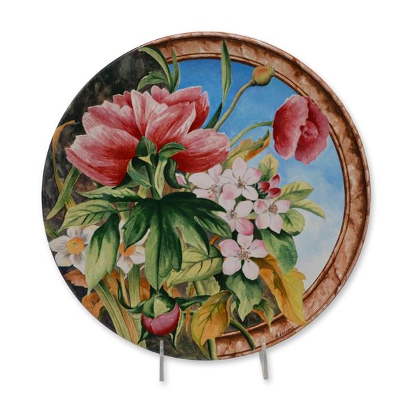 Volupte Flat Round Floral Platter, Gien France, Signed D. Lalance W/Box