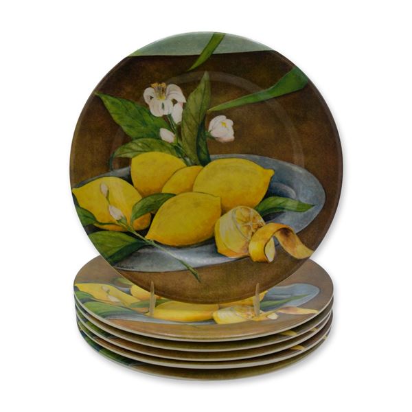 6Pc Gien Les Citrons Porcelain Dessert Plates, D. L. Garanti, Signed