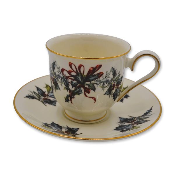 2Pc Lenox China Winter Greetings Footed Cup and Saucer Set, 1995