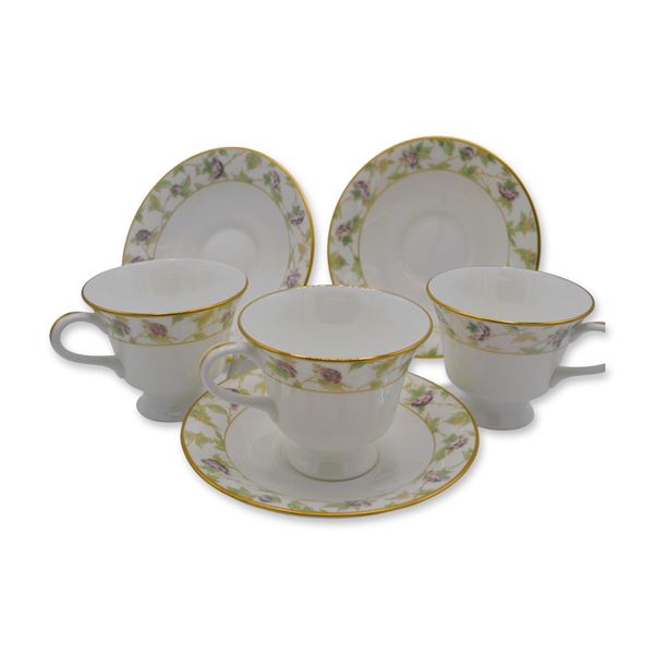 6Pc Boehm Porcelain Fine Bone China Glazed Purple/White Flowers Cups & Saucers Set