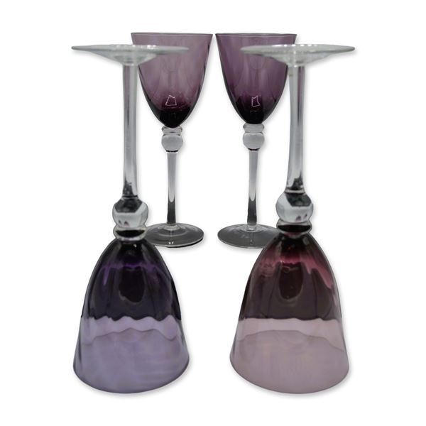 4Pc Royal Albert Lavender Bowl, Clear Ball Stem, Mouth Blown Water Goblets, 8.75"H