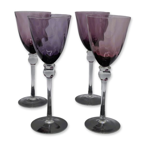 4Pc Royal Albert Lavender Bowl, Clear Ball Stem, Mouth Blown Water Goblets, 8.75"H