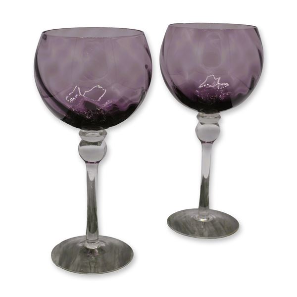 2Pc Royal Albert Lavender Bowl, Clear Ball Stem, Mouth Blown Wine Glasses, 8.75"H