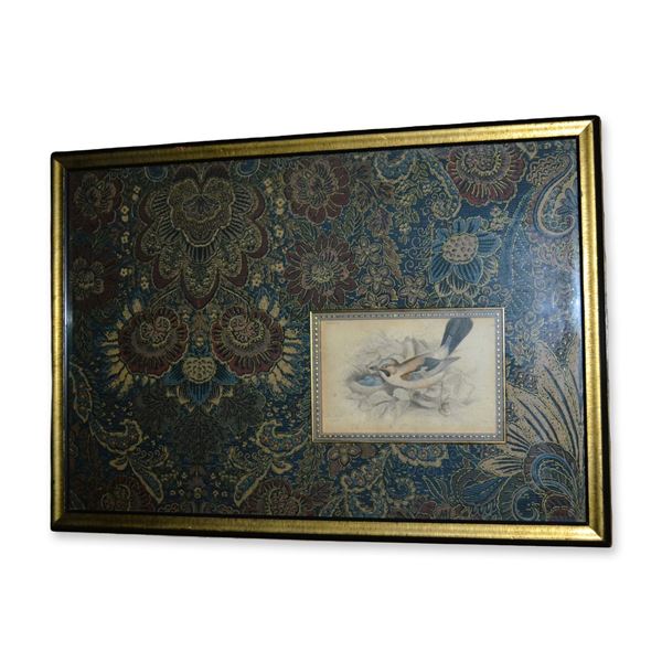 Lizars Jay Bird, Hand Colored Engraving, Tapestry Mat, Custom Frame, 19th C
