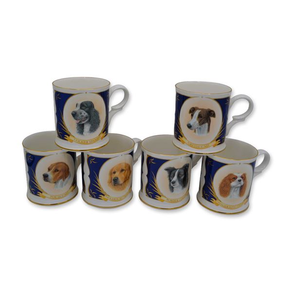 6Pc Royale Stratford Porcelain Dog Mugs, Fine Bone China, 1995