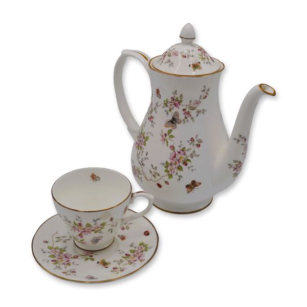 Sturbridge Fine Bone China Covered Coffee Pot, Floral W/Butterflies And Footed Cup & Saucer, 1980