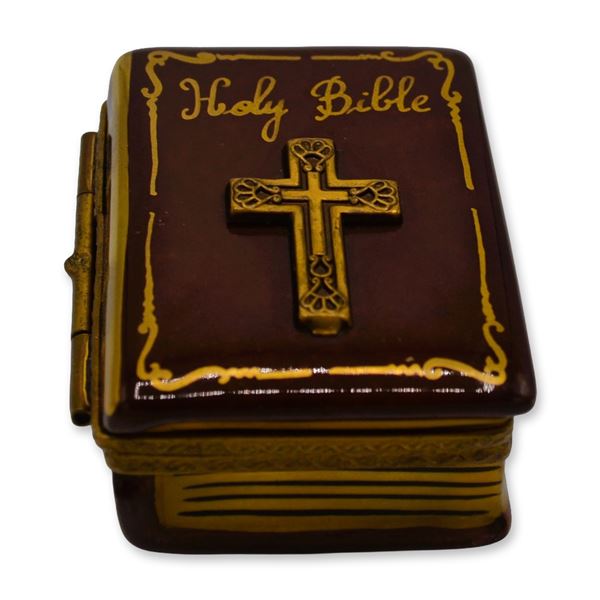 Rochard Limoges Porcelain Holy Bible & Angel Trinket Box, Peint Main, France, Vintage