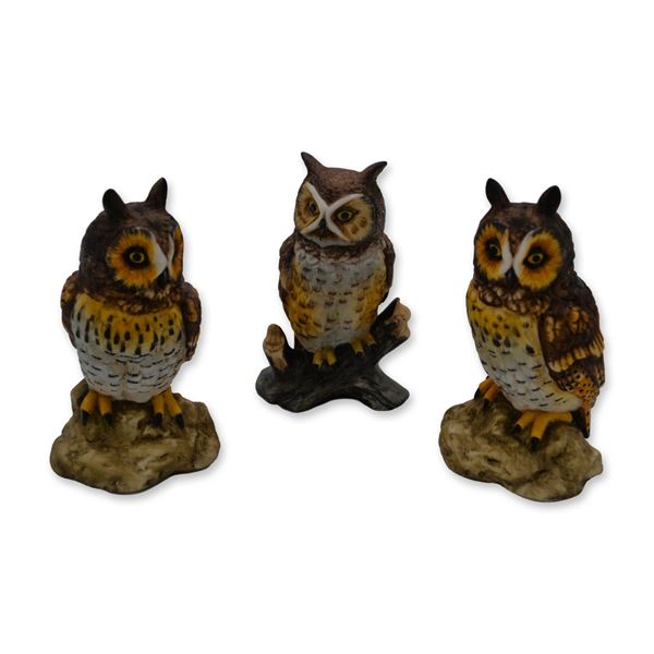 3Pc Stefani Porcelain Great Horned Owl And Long Eared Owl Collection Sculptures, 1980
