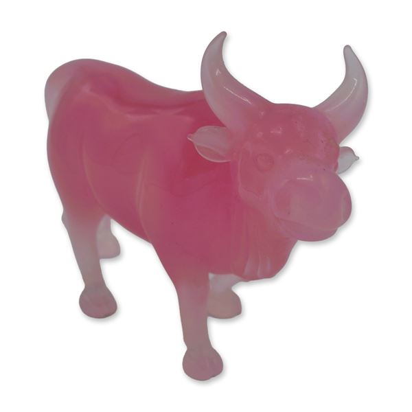 Rose Quartz Bull Sculpture, Hand Carved, Vintage, 20th C