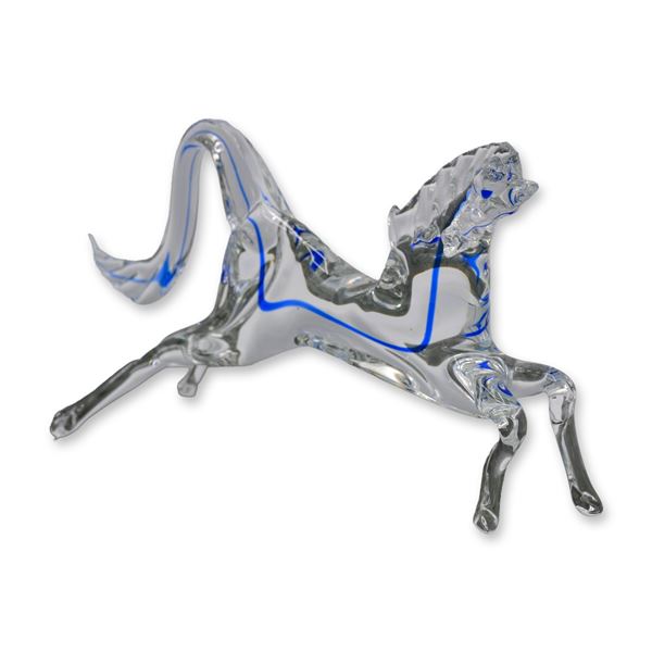 Murano Art Glass Horse, Clear And Blue Sculpture, 1970