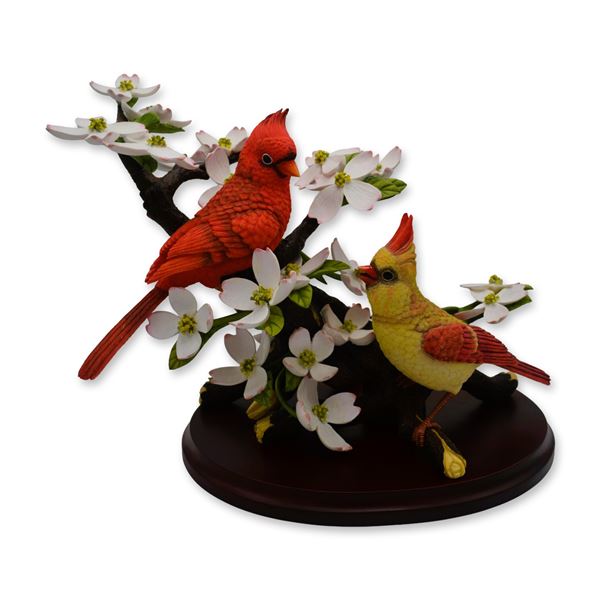 2Pc RNR Crimson Spring Cardinals Bird Sculpture, 2006, Wood Base, W/OB