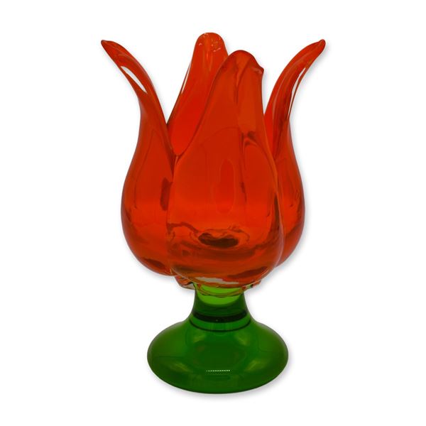 Bird Brain Art Glass Hand Blown Glass Tulip Vase, Orange W/Green Base
