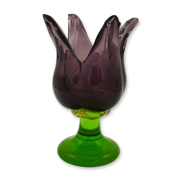 Bird Brain Art Glass Hand Blown Glass Tulip Vase, Purple W/Green Base