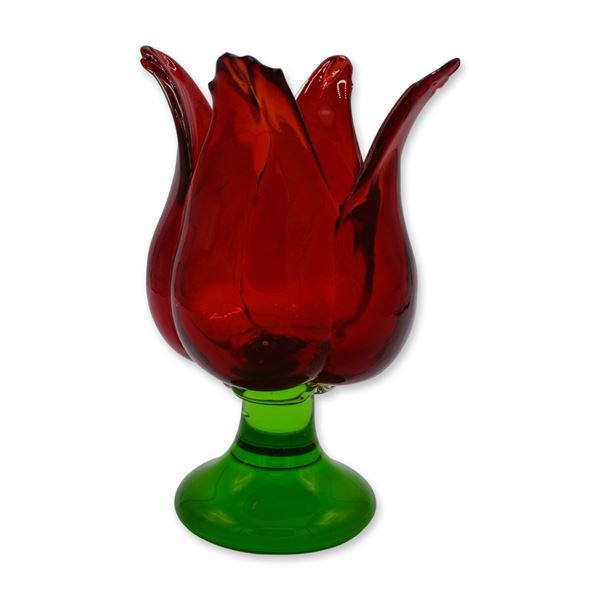 Bird Brain Art Glass Hand Blown Glass Tulip Vase, Red W/Green Base