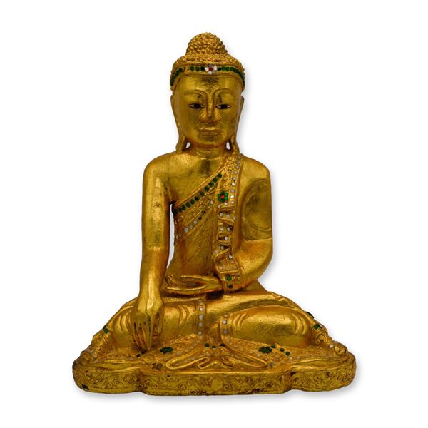 Garden Buddha, Meditating, Wood Carved W/Gold Gilt, Vintage