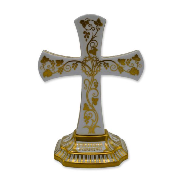 Royal Crown Derby Porcelain Standing Cross, Three Dimensional, SGB, Gold & White, 8"H