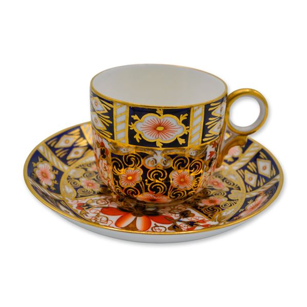2Pc Royal Crown Derby Porcelain Old Imari Footed Cup and Saucer Set, 22K Gold, 1960
