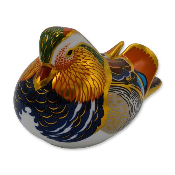 Royal Crown Derby Porcelain Mandarin Duck Paperweight, W/Gold Accents, 1990