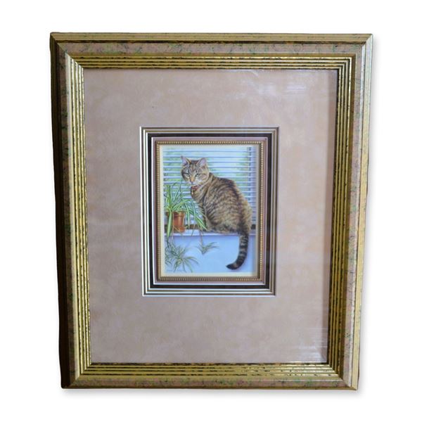 Melanie Glans Original Painting, Cat Seated, Custom Frame, 1991