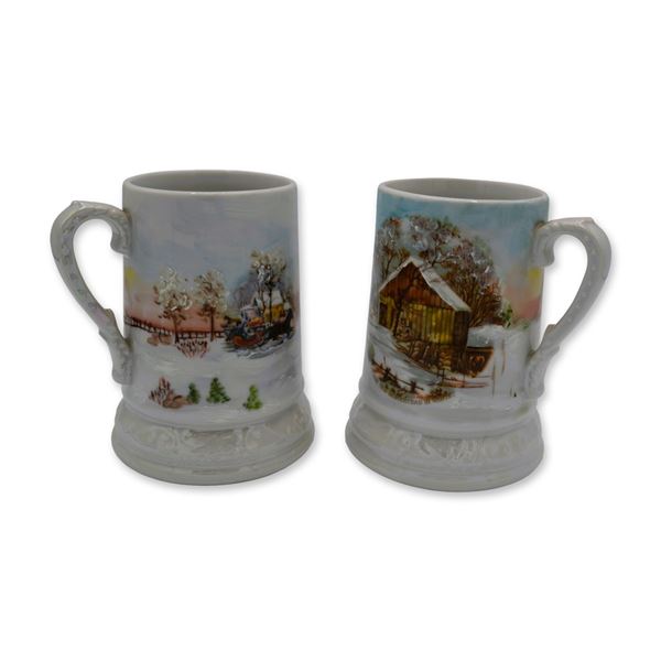 2Pc Porcelain Holiday Mugs Currier and Ives, Signed, 1975