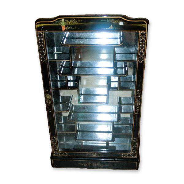 Asian Oriental Black Lacquer Wall Curio W/Mirror Back And Shelving