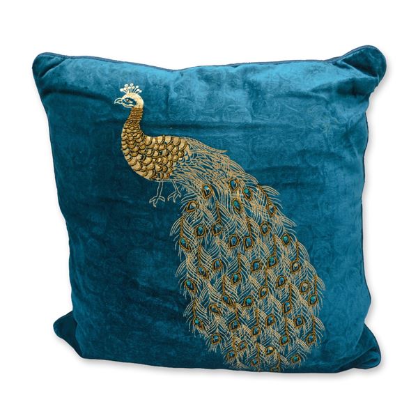 Vintage Aqua Silk & Velvet Custom Pillow W/Gold Stitched Raised Peacock
