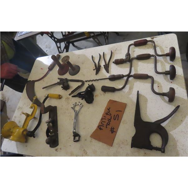 Vintage Tools: Hand Drills, Spoke Shave, Planers, Saw Vise, Groove Cleaner, Buggy Wrench and More