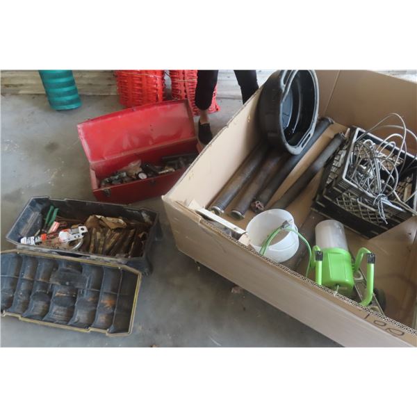 Oil Pan, Light, Come Along, Lag Bolts, 2 Tool Boxes, Gauge, Plumbing Fittings, Snips, Levels