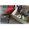 Image 1 : Oil Pan, Light, Come Along, Lag Bolts, 2 Tool Boxes, Gauge, Plumbing Fittings, Snips, Levels