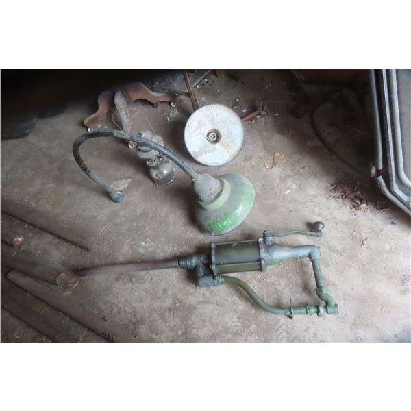 2 Porcelain Lights, Lantern, and Barrel Pump